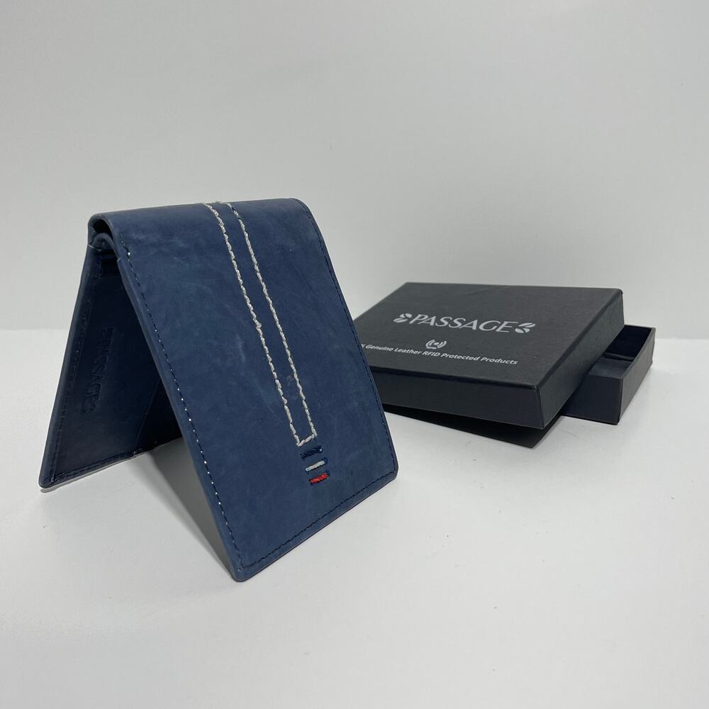 Mens Passage Blue Stripe Leather RFID Wallet in Gift Box 3.5x4.5"